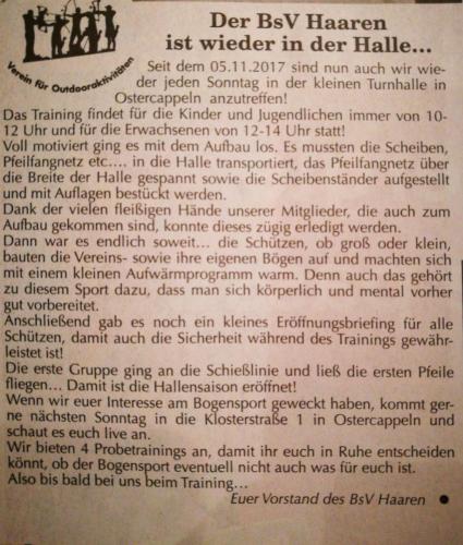 Kastanienblatt BsV-Haaren wieder in der Halle